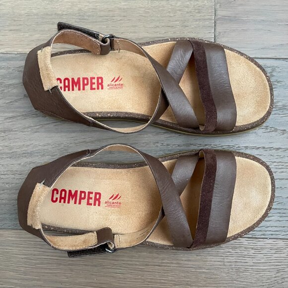 Camper Alicante Leather Strappy Sandals w Velcro Close Chocolate Brown Sz 37 - Picture 3 of 14
